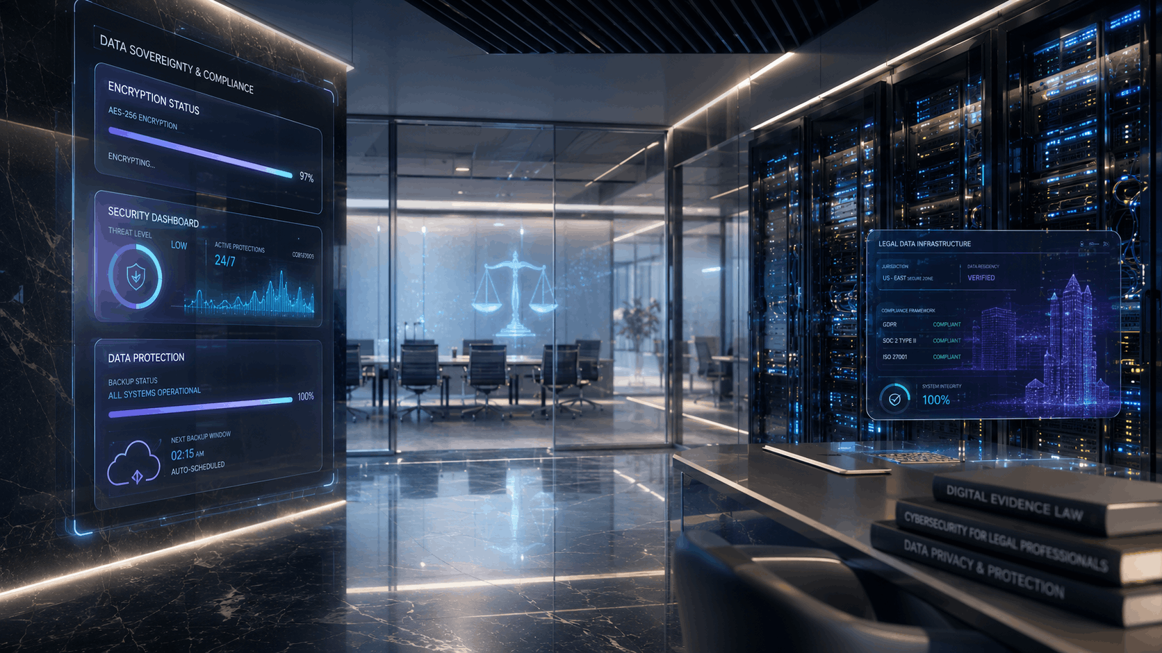 Futuristic digital interface showing automated encrypted backup progress for legal data security.
